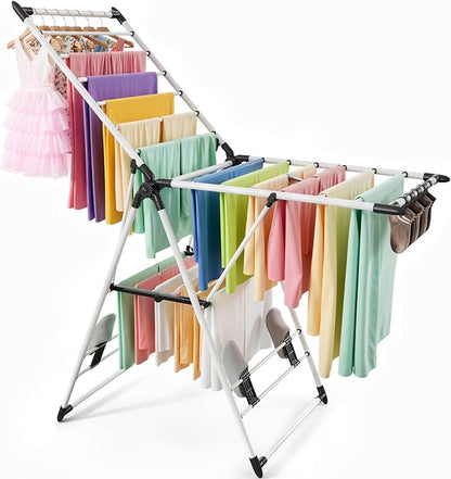 RUIE Clothes Drying Rack with 2 Tier Adjustable Design, 21 Rails Heavy Duty Laundry Drying Rack with Side Clips and Shoe Holders, Foldable Clothes Drying Rack for Indoor and Outdoor Use