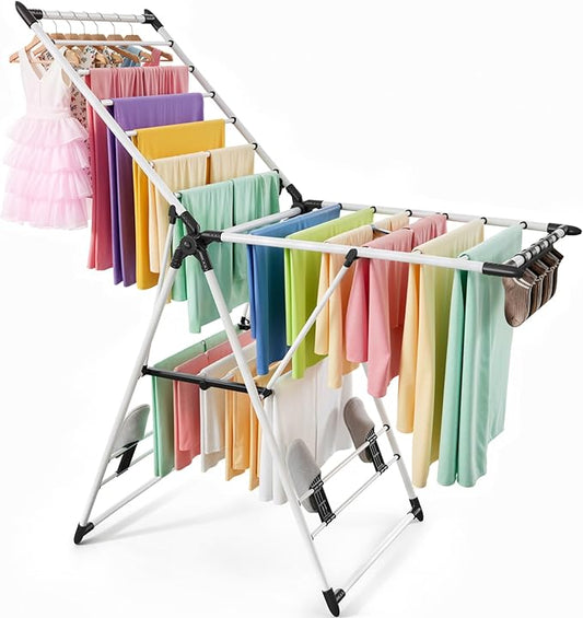 RUIE Clothes Drying Rack with 2 Tier Adjustable Design, 21 Rails Heavy Duty Laundry Drying Rack with Side Clips and Shoe Holders, Foldable Clothes Drying Rack for Indoor and Outdoor Use