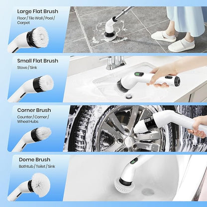 Electric Spin Scrubber, Full-Body IPX7 Waterproof Cordless Shower Scrubber with 4 Replaceable Heads, Upgraded Extension Handle, 2H Work Time, 2 Speeds for Bathroom Shower Tile Glass