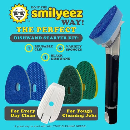 Smilyeez Soap Dispensing Dishwand (Black) with Ergonomic Handle and 4 No-Plastic Sponges - Effortless Cleaning and Long-Lasting Durability - Kitchen and Dishwashing Essential