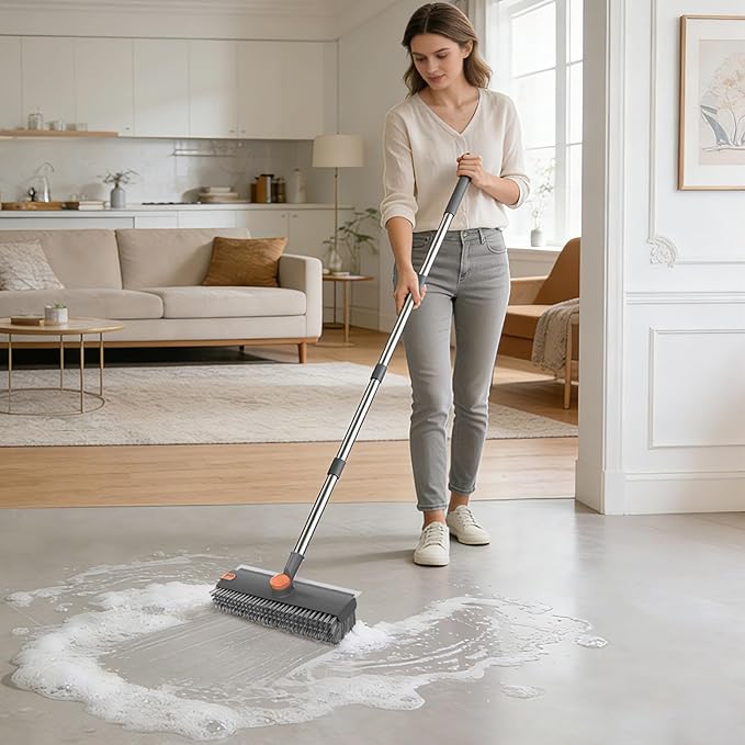 SetSail Floor Scrub Brush, 3 in 1 Floor Scrub Brush with 54-in Adjustable Long Handle and Scraper Heavy Duty Stiff Bristle Floor Scrubber for Cleaning Shower Bathroom Kitchen Patio Garage, Grey&Orange