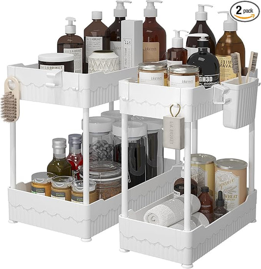 2 Pack Under Sink Organizer, Under Bathroom Cabinet Organizer with Hooks Hanging Cup, Multi-Purpose Storage Shelf for Kitchen Bathroom (White, 14.8 Inch)