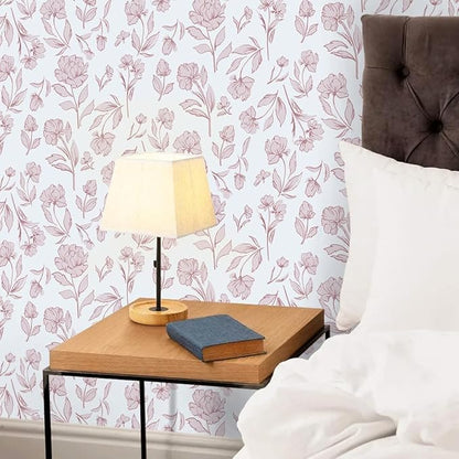 Timeet White and Pink Floral Wallpaper Peel and Stick Modern Removable Self-Adhesive Wall Paper for Bedroom Bathroom Vintage Contact Paper Vinyl Film 17In×78.7In