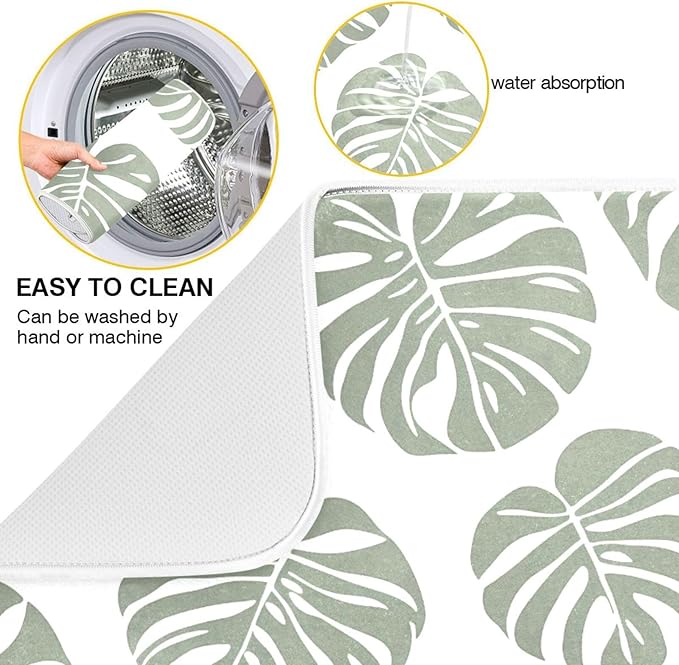 Green Palm Monstera Leaves Dish Drying Mat for Kitchen Counter Absorbent Microfiber Drying Pad, Large 18x24 in