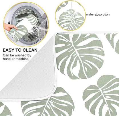 Green Palm Monstera Leaves Dish Drying Mat for Kitchen Counter Absorbent Microfiber Drying Pad, Medium 16x18 in