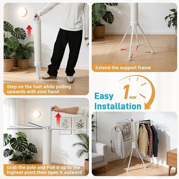 Clothes Drying Rack Foldable, Clothes Drying Rack Drying with wheels with 16 Arms Laundry Drying Rack Saving Collapsible Hanger Tripod Clothes Drying Rack Rack Clothing Balcony Bedroom Apartment