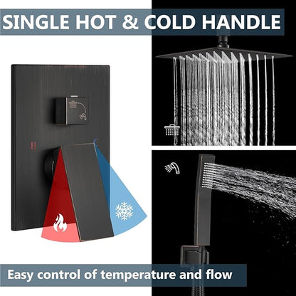 Aolemi Ceiling Mount Shower System Rain Shower Head with Handheld Spray High Pressure Shower Faucet Set Rough-in Valve Shower Trim Kit Included Bathroom Oil Rubbed Bronze 16 Inch Ceiling Shower Head