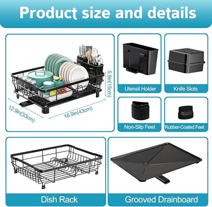 Dish Drying Rack - Space Saving Dish Rack - Dish Racks for Kitchen Counter with Drainboard,Rustproof Dish Drainer with Removable Utensil Holder,Black