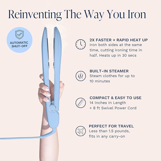 Nori Press Travel Steam Iron - Handheld Iron With Optional Steam Feature - No Ironing Board Required - Easy to Use w/ 6 Fabric Settings - Removes Wrinkles - User Manual Included -Blue