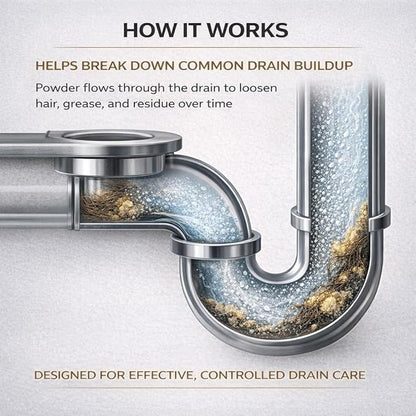 Drain Opener Powder 25 oz (708 g) – Fast-Acting Drain Cleaner for Kitchen Sink, Bathroom Drains, Shower & Pipes – Powerful Grease, Hair & Clog Remover – Heavy Duty Pipe Cleaning Powder
