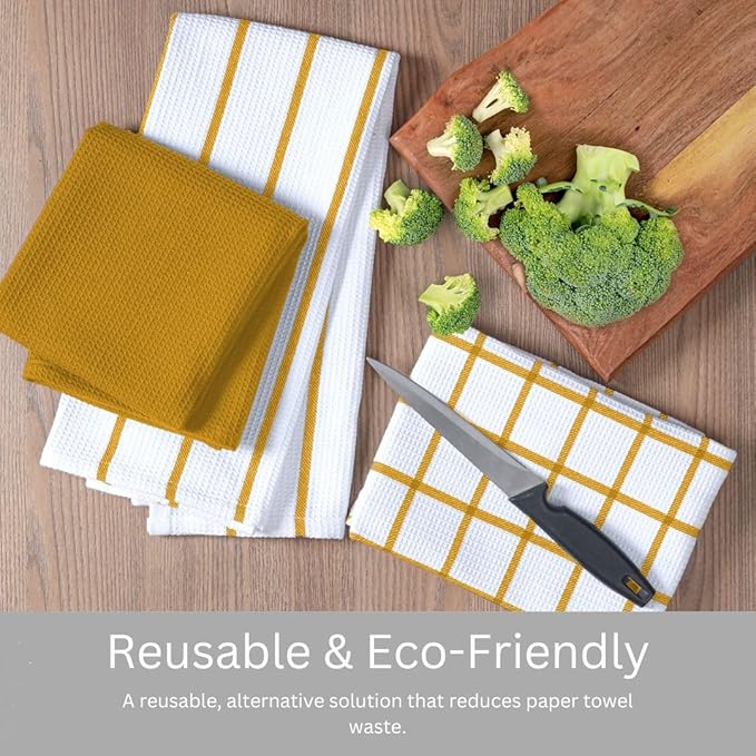 Assorted Waffle Kitchen Towels 100% Cotton Set of 6 - Heavy Duty 320 GSM Quality Dish Cloths Towel - Soft Absorbent Washable for Kitchen Use -Quick Drying Dish Towel 16x26 Mustard Yellow