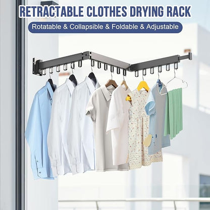 MIFXIN Retractable Clothes Drying Rack Tri-Fold Laundry Wall Mounted Clothing Drying Rack Hanger Collapsible Space Saver Foldable Clothes Hanger Rack for Laundry Balcony (Black)