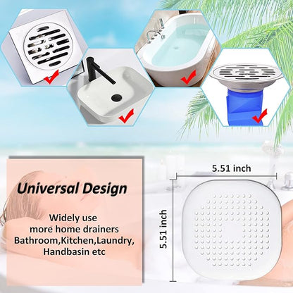 Hair Drain Catcher,Square Drain Cover for Shower Silicone Hair Stopper with Suction Cup,Easy to Install Suit for Bathroom,Bathtub,Kitchen 2 Pack (White)