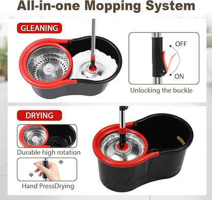 Spin Mop and Bucket with Wringer Set, 360° Spinning Mop and Bucket System with 3 Microfiber Mop Replacement Heads and 51" Stainless Steel Adjustable Handle for Mop Floor Cleaning