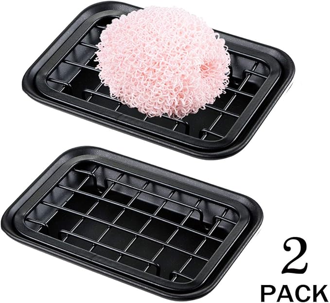 Kitchen and Bathroom Soap Dish Tray - Metal 2-Piece Soap Dish Tray with Drainage Grid and Holder for Kitchen Sink Countertops to Store Soap, Sponges, Scrubbers - Rust Resistant - 2 Pack (Black)