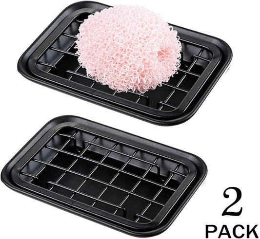 Kitchen and Bathroom Soap Dish Tray - Metal 2-Piece Soap Dish Tray with Drainage Grid and Holder for Kitchen Sink Countertops to Store Soap, Sponges, Scrubbers - Rust Resistant - 2 Pack (Black)