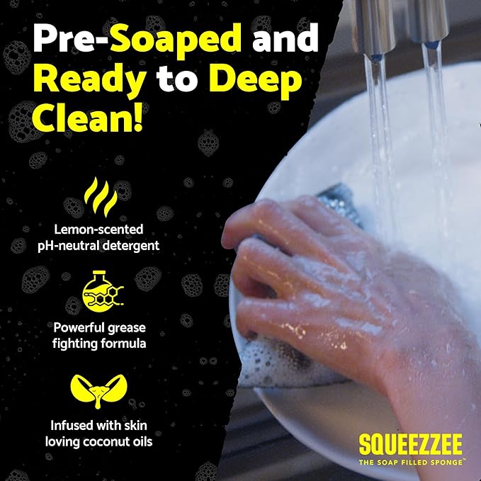 Squeezzee Soap Filled Scrubber Sponges 2-Pack - Non Scratch Scrubbing Sponge with Built-in Dishwashing Liquid Dish Soap, Double Sided Kitchen Cleaning Scrubbers, Up to 300 Washes Per Sponge
