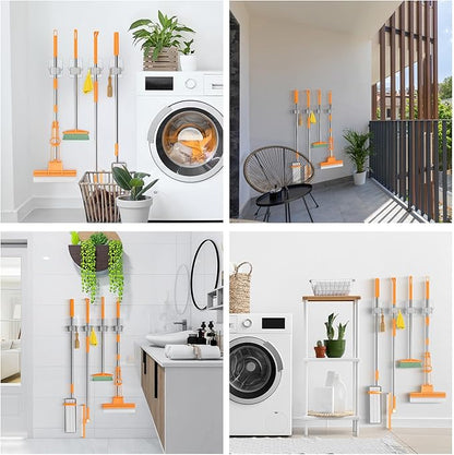 Batur Broom Holder Wall Mount, 4 Pack New Version Adhesive Mop and Broom Holder Wall Mount, Super Anti-Slip Broom Hanger Mop Organizer Wall Hanging for Bathroom, Kitchen, Laundry Room