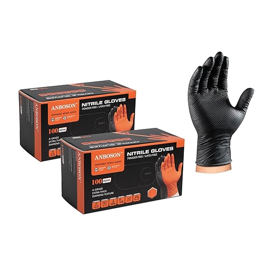 10mil Nitrile-Gloves Disposable-Black Chemical-Resistant Rubber - Mechanic Gloves Heavy Duty, Latex Free, Diamond Grip (200, Medium)
