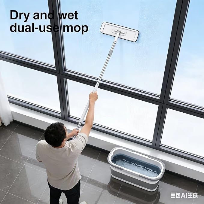 Mop and Bucket Set with Wringer, Flat Mop for Hardwood Floors, Cleaning Supplies with 6 Microfiber Pads (1 Mop + 6 Microfiber Pads + 1 Bucket)