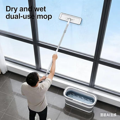 Mop and Bucket Set with Wringer, Flat Mop for Hardwood Floors, Cleaning Supplies with 6 Microfiber Pads (1 Mop + 6 Microfiber Pads + 1 Bucket)