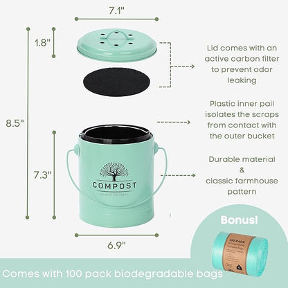 Perfnique Kitchen Compost Bin, 1.3 Gallon Countertop Compost Bin with Lid, Indoor Compost Bucket Includes Inner Bucket Liner and Carbon Filter, Small Compost Bin with Trash Bags (with Bags, Mint)
