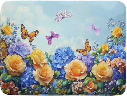 Spring Blue Yellow Hydrangeas Flowers Dish Drying Mat for Kitchen Counter,Colorful Butterflies Flying Drying Mat 18 x 24 Inch with High Absorbent Microfiber Drainer Mat for Coffee Bar