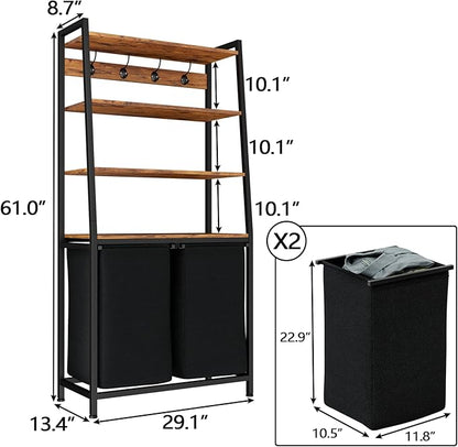 Furnulem 4 Tiers Laundry Hamper with Shelf and Hooks, Tall Laundry Basket Sorter with 2 Removable Bags, Double Clothes Hampers Organizers for Bathroom Bedroom