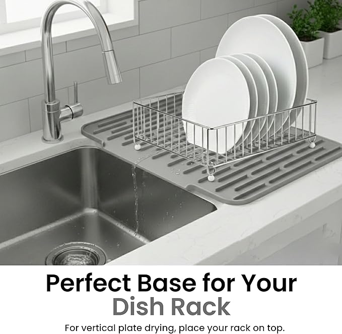 Silicone Dish Drying Mat with Raised Drain Spout, 15mm Thick Extra Large 15.7"x12.4", Heat Resistant Countertop Protector, Dishwasher Safe - Light Gray
