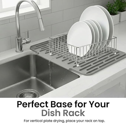 Silicone Dish Drying Mat with Raised Drain Spout, 15mm Thick Extra Large 15.7"x12.4", Heat Resistant Countertop Protector, Dishwasher Safe - Light Gray