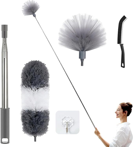 Telescopic Dusters for Cleaning | Duster with 100"Extension Pole | Flexible Cobweb Remover Duster Kit with 2 Washable Heads | Bendable Feather Duster for High Ceilings,Fans & Hard-to-Reach Areas,5PCS