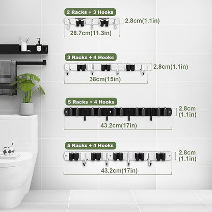 2 Racks and 3 Hooks Broom and Mop Holder Wall Mounted Garage Organizer Storage Tool Racks Stainless Steel Heavy Duty Hooks Self Adhesive Solid Non-slip Wall Hangers for Home Kitchen Garden Laundry