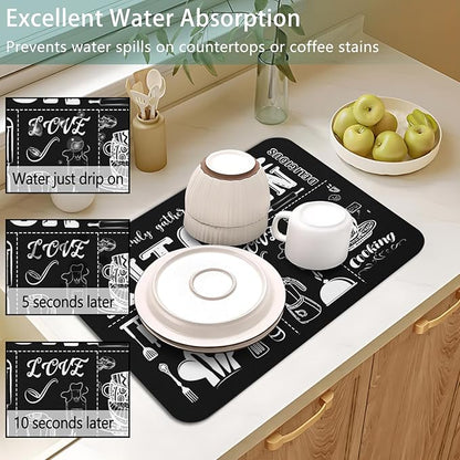 Dish Drying Mat for Kitchen Counter 2 Pack with Non-Slip Rubber Backing - Heat-Resistant Absorbent Coffee Bar Mat, Dish Rack Mat, Black Kitchen Dish Drying Mats 18x24+19.5x12 inch