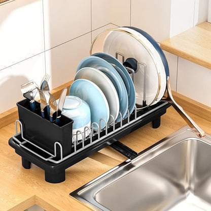Compact Dish Drying Rack with Utensil Holder – Small Countertop Dish Drainer with 360° Rotating Drain Spout, Stainless Steel Dish Rack for Kitchen Sink, Space-Saving Design for Small Kitchen