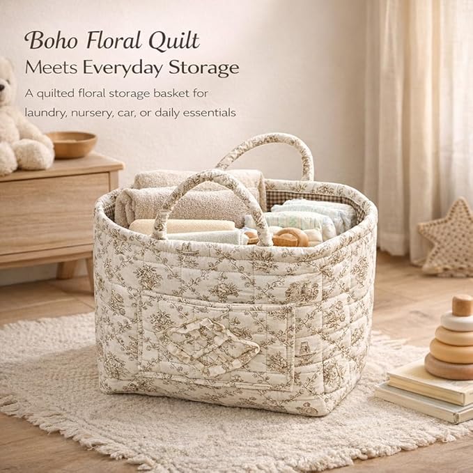 Quilted Laundry Basket with Handles,Boho Quilted Floral Storage Basket with Handles & Pocket,Foldable Cotton Fabric Organizer Tote for Car, Nursery, Laundry, Toys, Picnic, Closet (Blue flowers)