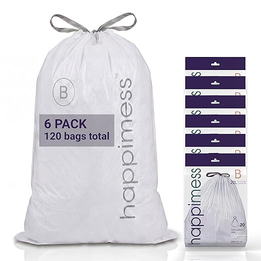 happimess 5.3 Gallon (20L) Drawstring Trash Bags, Unscented, Clear, Heavy Duty LDPE Liners for Kitchen and Household, Custom Fit 120 Count (6 Packs of 20 Liners) HPM3000B-C-6SET