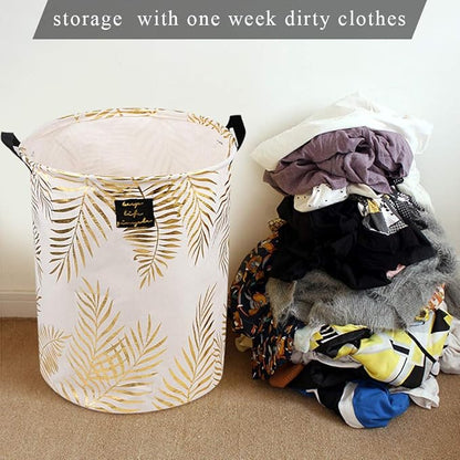 UUJOLY Collapsible Laundry Basket, Laundry Hamper with Handles Waterproof Round Cotton Linen Laundry Hamper Printing Household Organizer Basket, 19.7x15.7 inches (Gold leaf)