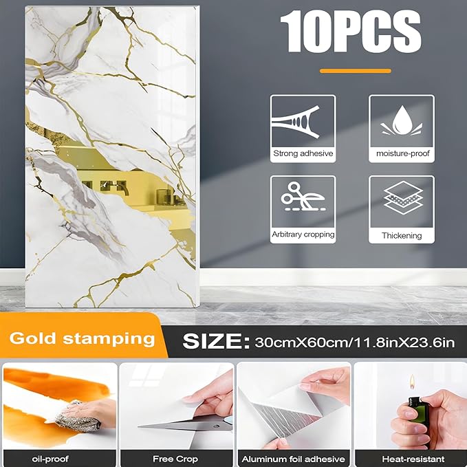 10pcs Thick Marble Peel and Stick Waterproof Wall Panels,Heat-Resistant Backsplash Tile, 23.6"x11.8" PVC Foam Wall Sticker for Kitchen,Living Rooms,TV Walls,White and Gold (Not Real Tile 19.4Sq. Ft.)