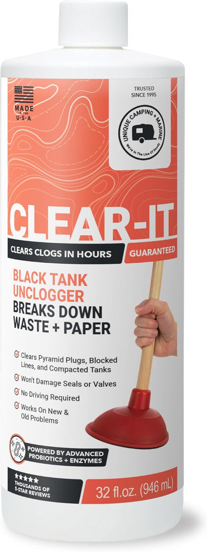 Unique Clear-It RV Black Tank Unclogger Liquid - Breaks Through Pyramid Plugs, Compacted Tanks, and Clogged Pipes (32 oz) Amazon Exclusive Packaging