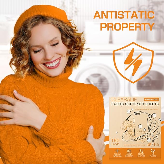 CLEARALIF laundry Fabric Softener Sheets, AMBER DUSK Scent, 160 Loads, Eco Friendly, Great For Travel, Apartments, Dorms.