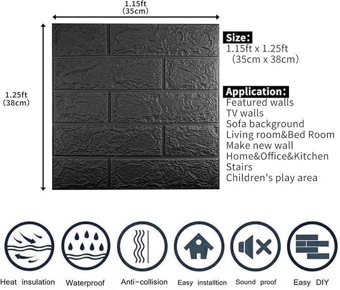 10 PCS Black 3D Wall Panels, 14.5 sq.feet Coverage, Printable Wallpaper Sticker with Self-Adhesive Waterproof Brick PE Foam Wall Panels Peel and Stick for Interior Wall Decor, Home Decoration