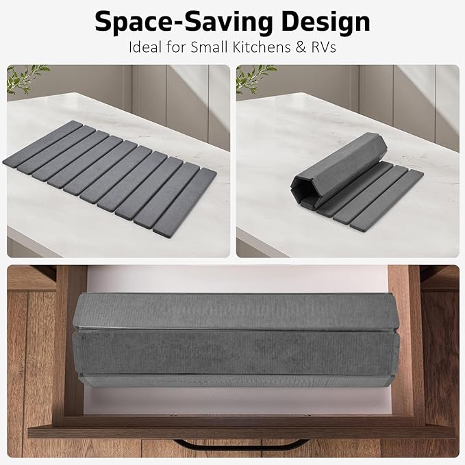 Large Stone Dish Drying Mats for Kitchen Counter, 24"(L)×16"(W), Fast Drying Collapsible Mat, Eco-Friendly Absorbent Diatomaceous Earth Mats for Dishes Bottles, Match Any Countertop【Dark gray】