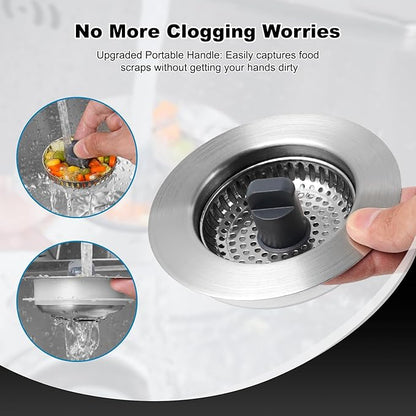 Universal All Metal Kitchen Sink Strainer with Drain Stopper Assembly, iFealClear Stainless Steel Pop Up Kitchen Sink Stopper, Dishwasher Safe, Fits US Standard 3-1/2'' Drain, Chrome Finished