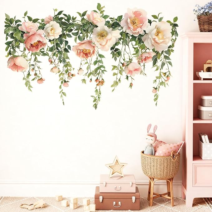 Flower Wall Stickers Vinyl Wall Decals Peel and Stick Rose Wall Murals Art Decor Wallpaper for Girls Bedroom Living Room Kitchen Tv Background