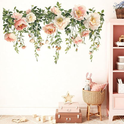 Flower Wall Stickers Vinyl Wall Decals Peel and Stick Rose Wall Murals Art Decor Wallpaper for Girls Bedroom Living Room Kitchen Tv Background