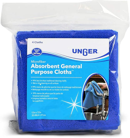 Unger 12” x 12” All-Purpose Microfiber Cloths, 4 Pack, Wet and Dry Cleaning Towels for Kitchen, Furniture, Appliances, Electronics and Glass, Reusable with Less Lint and Streak-Free Results