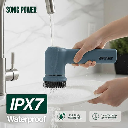Electric Spin Scrubber – Handheld & Ergonomic, IPX7 Waterproof, 4 Multi-Purpose Brush Heads, Long-Lasting Rechargeable Battery – Cleans Dishes, Bathroom, Tile, Grout & Kitchen (Steel Blue)
