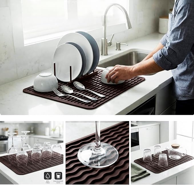 MicoYang Silicone Dish Drying Mat for Multiple Usage,Easy clean,Eco-friendly,Heat-resistant Silicone Mat for Kitchen Counter or Sink,Refrigerator or drawer liner Coffee L 16 inches x 12 inches