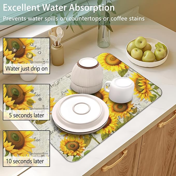 Dish Drying Mat for Kitchen Counter 2 Pack with Non-Slip Rubber Backing - Heat-Resistant Absorbent Coffee Bar Mat, Dish Rack Mat, Sunflower Dish Drying Mats 18x24+19.5x12 inch