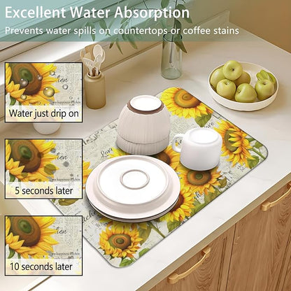 Dish Drying Mat for Kitchen Counter 2 Pack with Non-Slip Rubber Backing - Heat-Resistant Absorbent Coffee Bar Mat, Dish Rack Mat, Sunflower Dish Drying Mats 18x24+19.5x12 inch